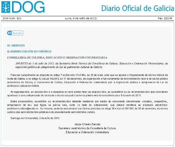 Alegacións do COAG ao anteproxecto de Lei do Patrimonio Cultural de Galicia